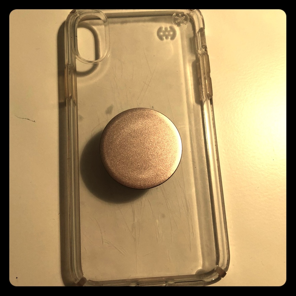 iPhone X Clear SPECK case with rose gold popsocket